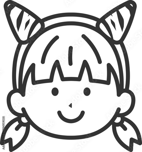 2本角の鬼のカチューシャをつけた、女の子のアイコン（線画）のイラスト