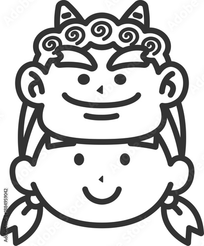 赤鬼のお面をつけた、女の子のアイコン（線画）のイラスト
