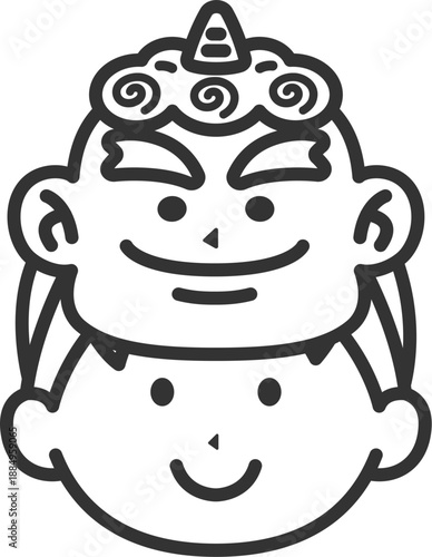 青鬼のお面をつけた、男の子のアイコン（線画）のイラスト