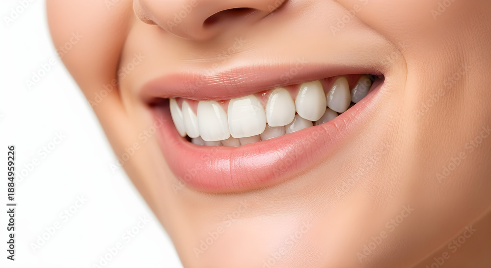 Obraz premium Close-up of a healthy, white smile with perfect teeth and vibrant pink lips, conveying joy and confidence