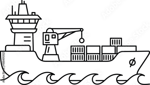 Simple line art illustration of a cargo ship with containers and a crane sailing on stylized waves.