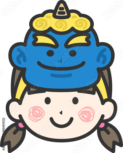 青鬼のお面をつけた、女の子のアイコン（線画カラー）のイラスト