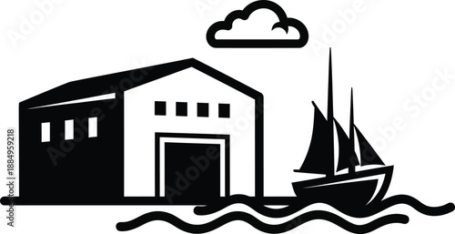 Simple black silhouette icon of a harbor warehouse and a sailboat on wavy water.