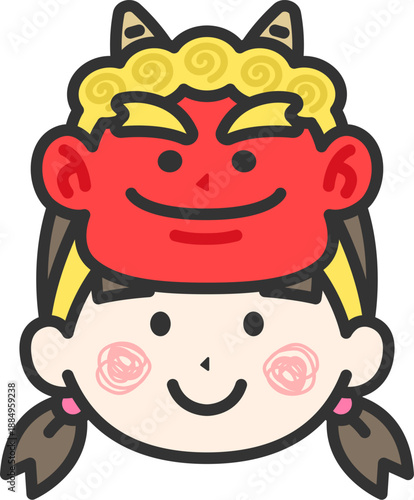 赤鬼のお面をつけた、女の子のアイコン（線画カラー）のイラスト
