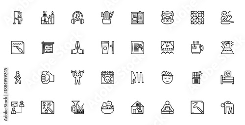 Coping Skills icon set. Mental health vector illustrations. Includes symbols for meditation, yoga, reading, nature, cooking, self-care and more. Editable stroke.
