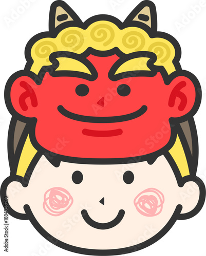 赤鬼のお面をつけた、男の子のアイコン（線画カラー）のイラスト