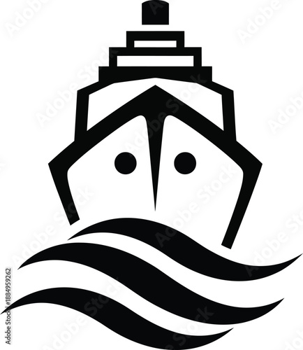 Stylized black and white icon of a large ship front view sailing on simple graphic waves.