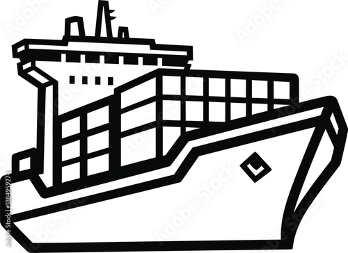 Stylized black and white line art icon of a large cargo ship with containers on deck.