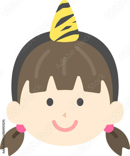 1本角の鬼のカチューシャをつけた、女の子のアイコンのイラスト