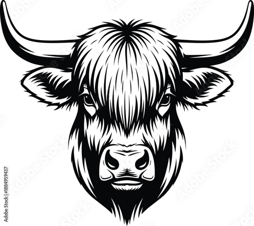 Stylized black and white vector head of a shaggy Highland cow with prominent horns.