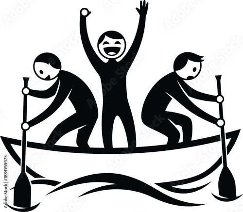 Stylized black graphic of a team in a rowboat with one person cheering victoriously while two others paddle.
