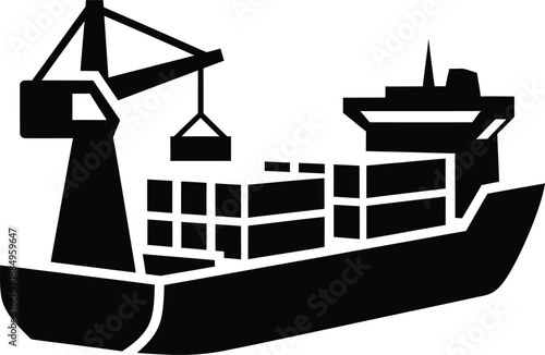 Stylized black silhouette icon of a container ship with a crane loading cargo containers.