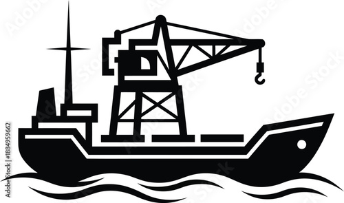 Stylized black silhouette of a cargo ship with a large deck crane depicted as a simple vector icon on waves.