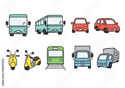 いろんな乗り物の手描きイラストセット正面