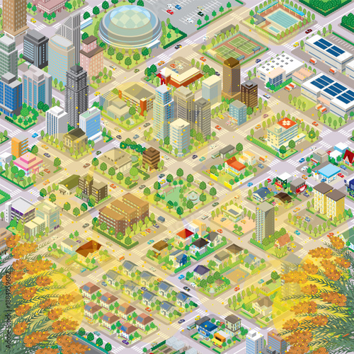 花粉が飛散する街並み. 街並みの立体図.