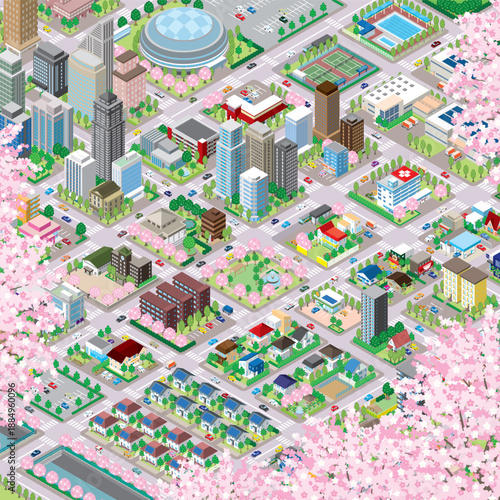 春の街並み. 街並みの立体図.