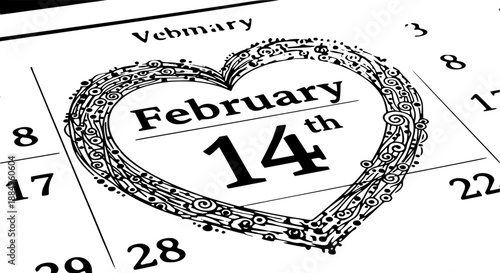February 14th calendar page date with heart circle vector illustration black and white
