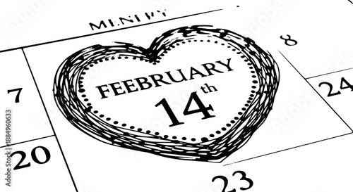 February 14th calendar page date with heart circle vector illustration black and white
