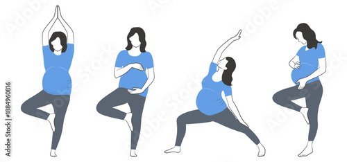 Set of pregnant women practicing gentle yoga poses, promoting wellness, balance, and prenatal fitness.