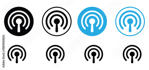 Live stream icon set. Wireless potshot and wife signal symbol. Broadcast vector collection.Live streaming icon vector collection.