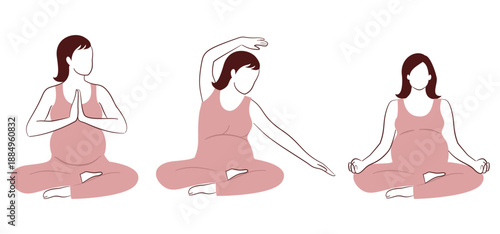 Pregnant woman practicing seated yoga poses, expressing calmness, balance, and prenatal wellbeing.