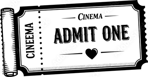 Vintage cinema ticket with heart icon admit one vector illustration black and white
