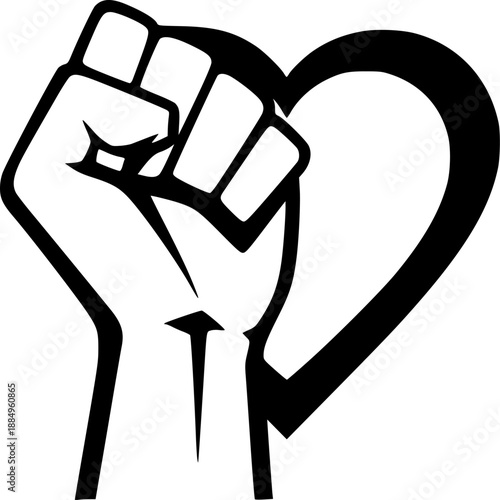 Girl power raised fist symbol with heart feminist vector illustration black and white
