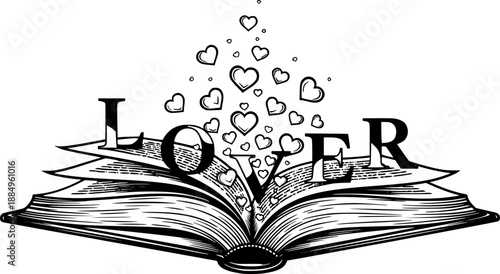 Open book with rising magic hearts reading lover vector illustration black and white
