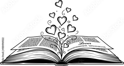 Open book with rising magic hearts reading lover vector illustration black and white
