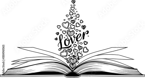 Open book with rising magic hearts reading lover vector illustration black and white
