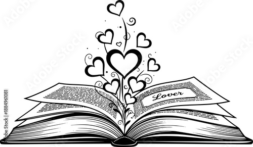 Open book with rising magic hearts reading lover vector illustration black and white
