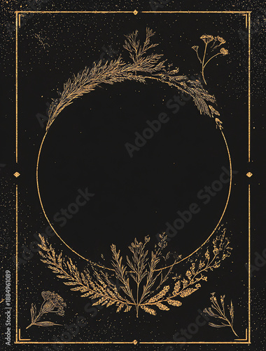 black and gold celestial card with a blank space in the middle, herbs and flowers bordering the frame, a simple design, a clean aesthetic, a minimalistic design, and high contrast.