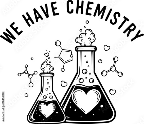 Laboratory flasks with bubbling heart reaction chemistry love vector illustration black and white
