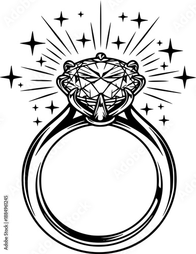 Diamond engagement ring with sparkles jewelry vector illustration black and white
