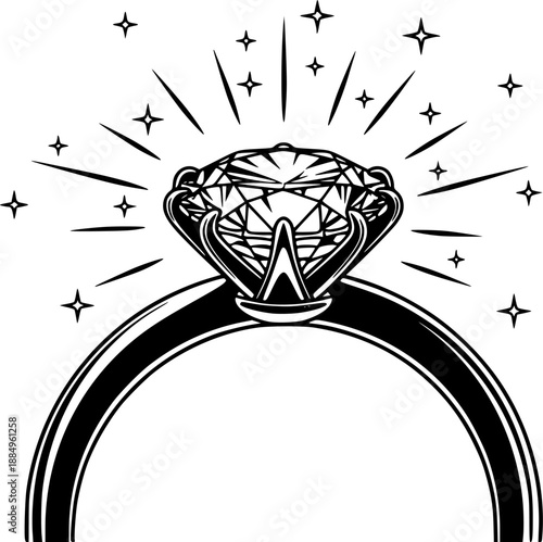 Diamond engagement ring with sparkles jewelry vector illustration black and white
