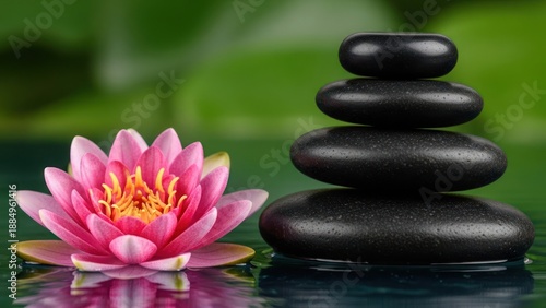 Pink lotus beside a stack of smooth black stones, atop rippled water, green backdrop