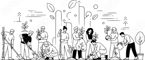 Community Tree Planting Vector - Black White Diverse People Group Collaboration Environmental Action Line Art Growth Illustration on White Background

