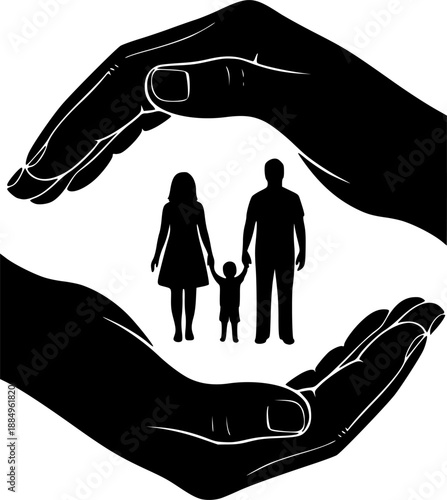 Hands Protecting Family Vector - Black White Community Support Care Security Circle Protection Silhouette Illustration on White Background

