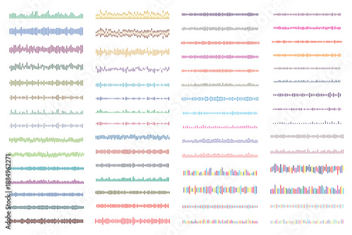 Set of colorful digital sound waves and audio spectrum bars isolated on white background.