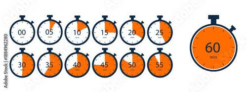 Stopwatch timer icon set with 5 minute intervals. Countdown clock vector symbols in navy and orange isolated on white.