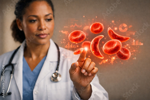 AI generated clinician examining hologram red blood cell deformation for sickle cell disease research healthcare innovation medical science future diagnosis