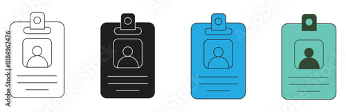 Set of identity card vector icons in various styles, featuring a minimalist profile silhouette, perfect for digital applications, security, and employee identification purposes.