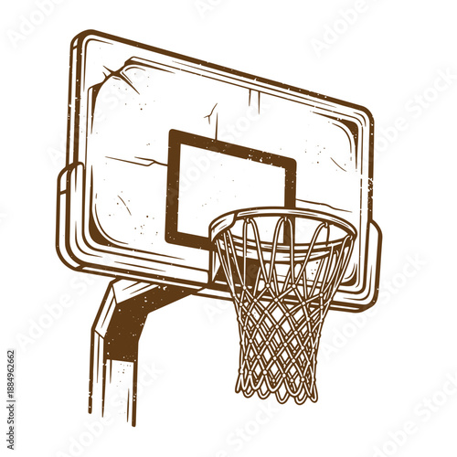 Drawing Vintage grunge  texture Brown basketball hoop with backboard and net on white background  sports equipment illustration