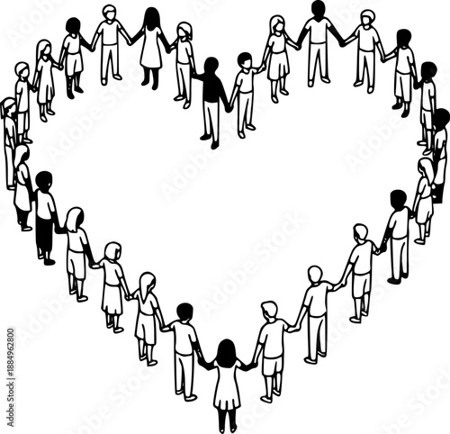 Human Circle Heart Vector - Black White Line Art Community Love Compassion Illustration People Holding Hands Connection Design on White Background
