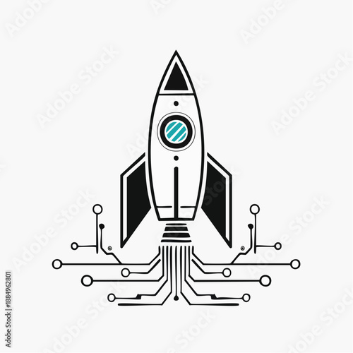 High‑tech rocket icon with digital circuit base representing startup innovation
