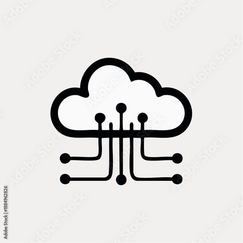 Bold cloud technology icon with digital circuit branches for data connectivity
