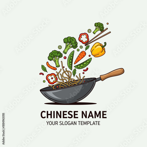 Asian Stir Fry Logo Template- Wok Tossing Noodles and Fresh Vegetables Illustration