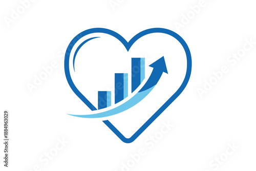 Blue Heart Icon with Rising Bar Graph and Arrow.