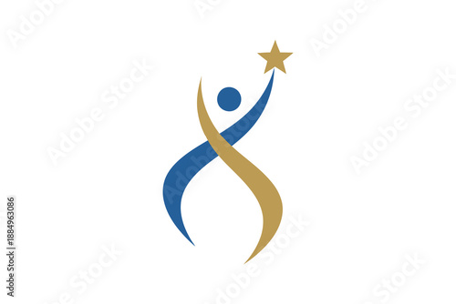 Abstract blue and gold figure reaching for a star symbolizing aspiration and success.