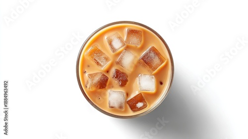 Overhead view of a glass containing creamy iced coffee with several melting square ice cubes floating